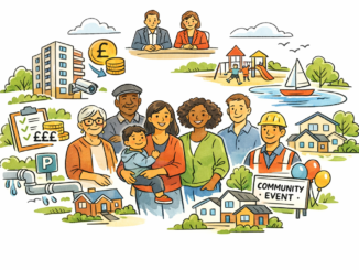 Warm, friendly, family-based line drawing showing achievements