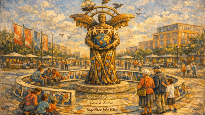 Public art work realised as a human-like figure but with symbolism