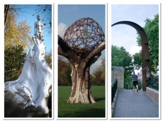 A collage of the Mary Wollstonecraft Sculpture, the Clissold Park Tree Sculpture and the Queensbridge Sculpture