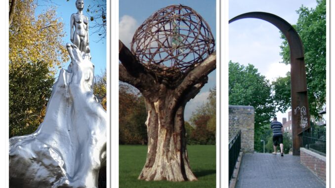 A collage of the Mary Wollstonecraft Sculpture, the Clissold Park Tree Sculpture and the Queensbridge Sculpture