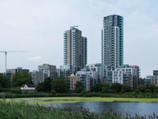 A view of the Woodberry Down Estate from across the reservoir.