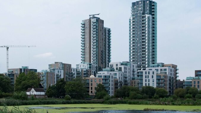 A view of the Woodberry Down Estate from across the reservoir.